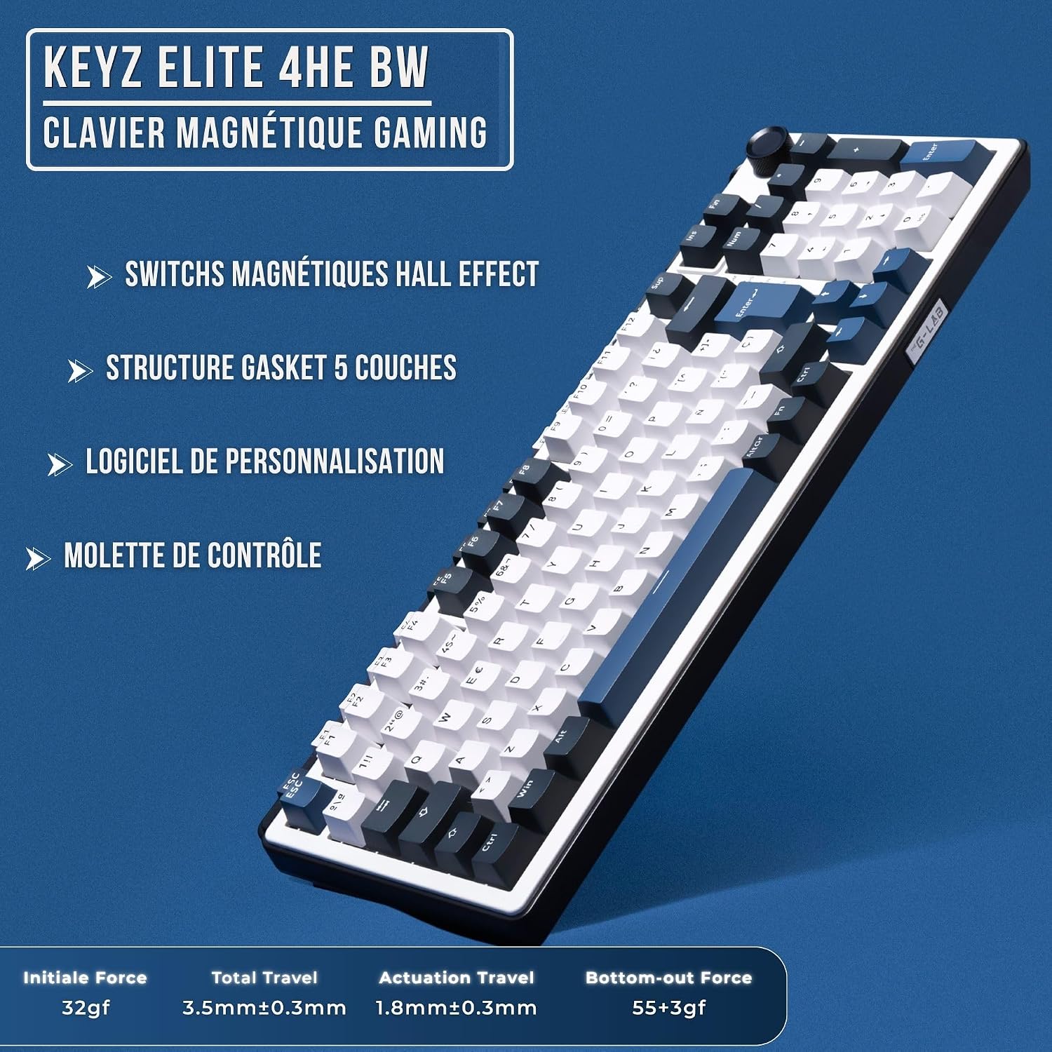 Detalle de THE G-LAB KEYZ Elite 400 HE BW – klawiatura Hall Effect 96% AZERTY FR, RGB i hot-swap