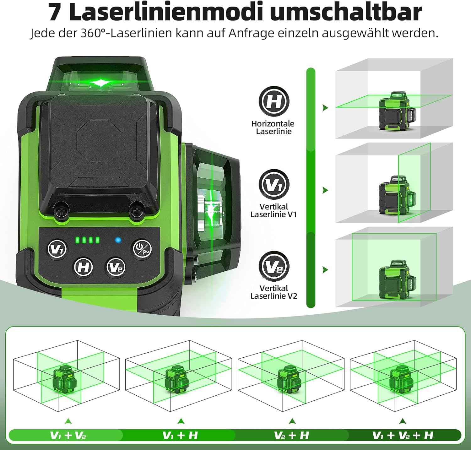 Detalle de Huepar Kreuzlinienlaser 360 grün HM03CG – Selbstnivellierend, wiederaufladbar, 3D-Laserwaage mit starker Magnethalterung