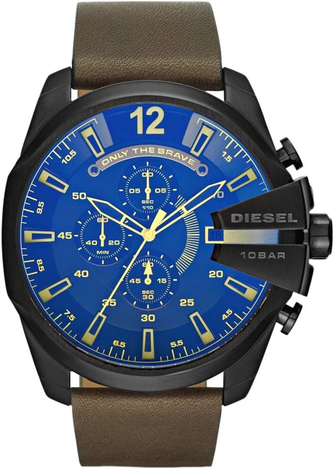 Detalle 2 de Diesel Mega Chief Series Herrenuhr – Chronograph, Edelstahlgehäuse, blaues Zifferblatt, Lederarmband