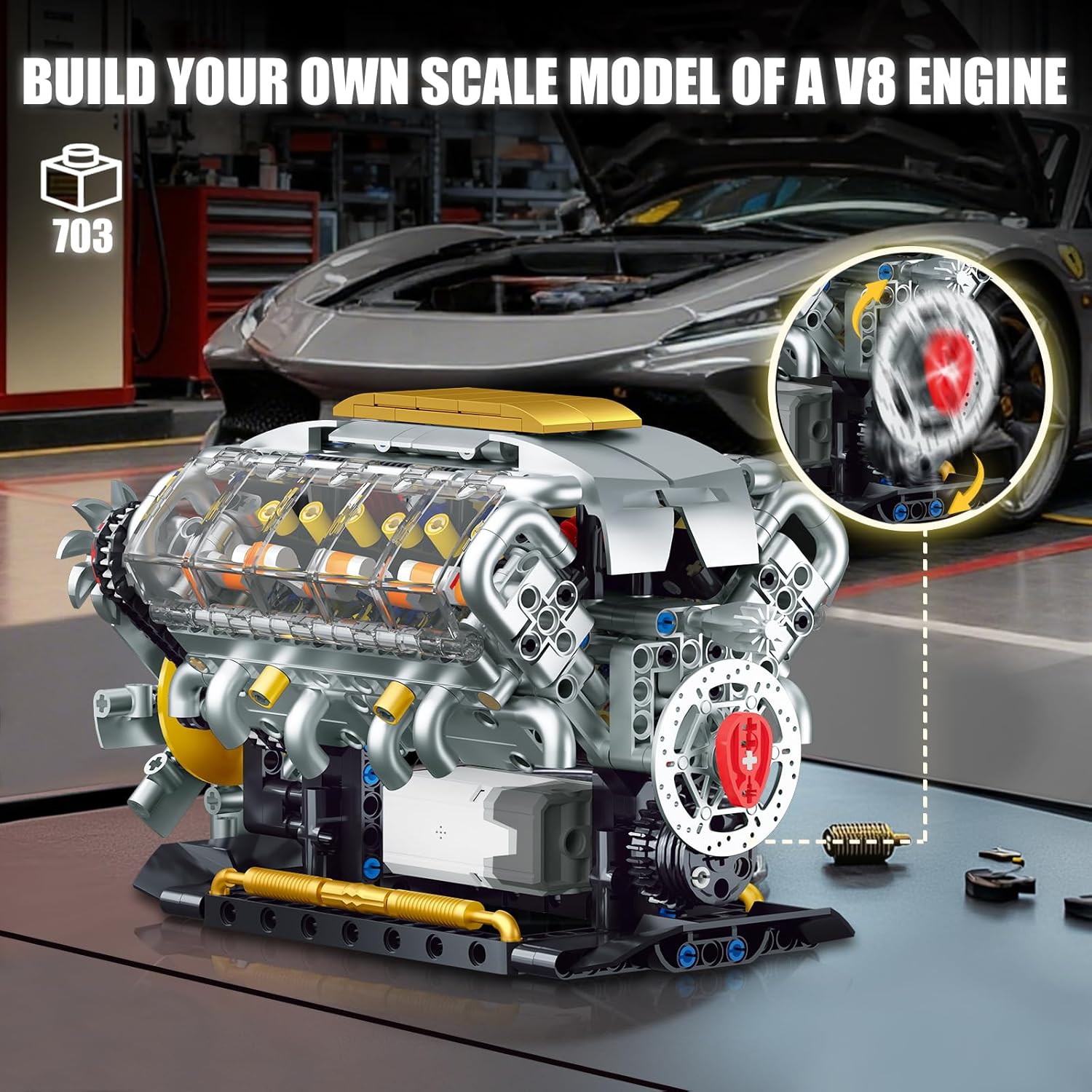 Thumbnail 4 de QLT QIAOLETONG Technik V8 Motor Bausatz (703 Teile) – Mini-V8 zum Nachbauen mit beweglichen Teilen