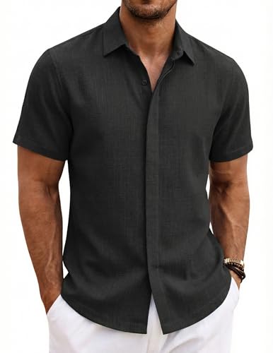 Detalle de COOFANDY Camisa Hombre Manga Corta Verano 100% Algodón – Negro, Regular Fit, Talla M