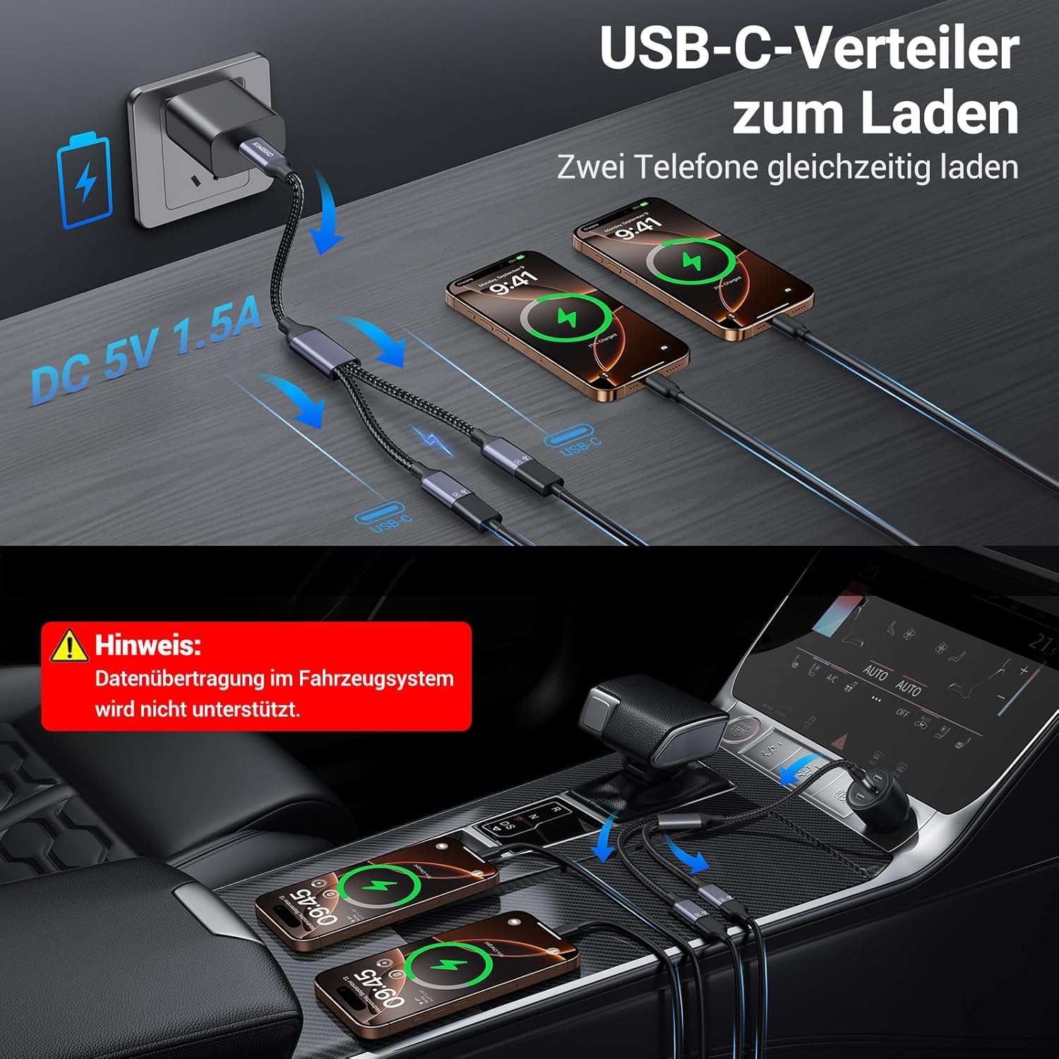 Thumbnail 4 de KiWiBiRD USB-C Y-Kabel Doppelstecker 1 auf 2 – USB-C Splitter für Laden und Daten (bis zu 30 MB/s, 1,5 A)