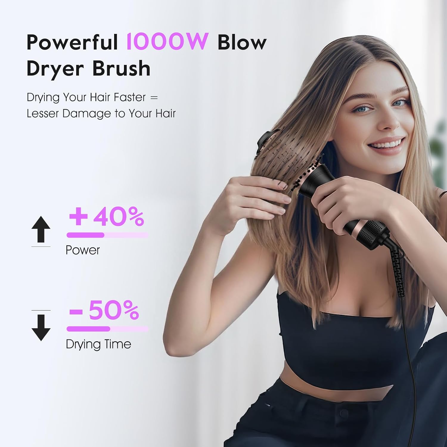 Detalle 2 de slopehill Mini Travel Dual Voltage Hair Dryer Brush (1000W, European Plug) — Ionic Hot Air Styler for International Travel