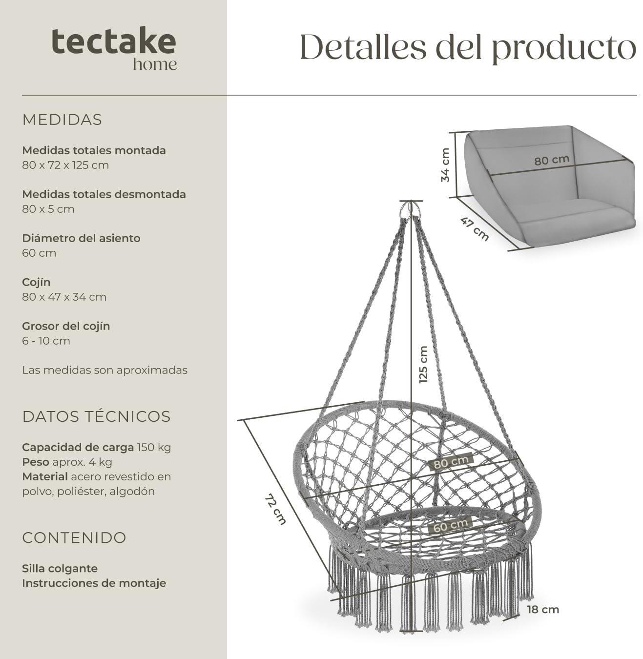 Thumbnail 5 de tectake Columpio Jardín Exterior Silla Colgante