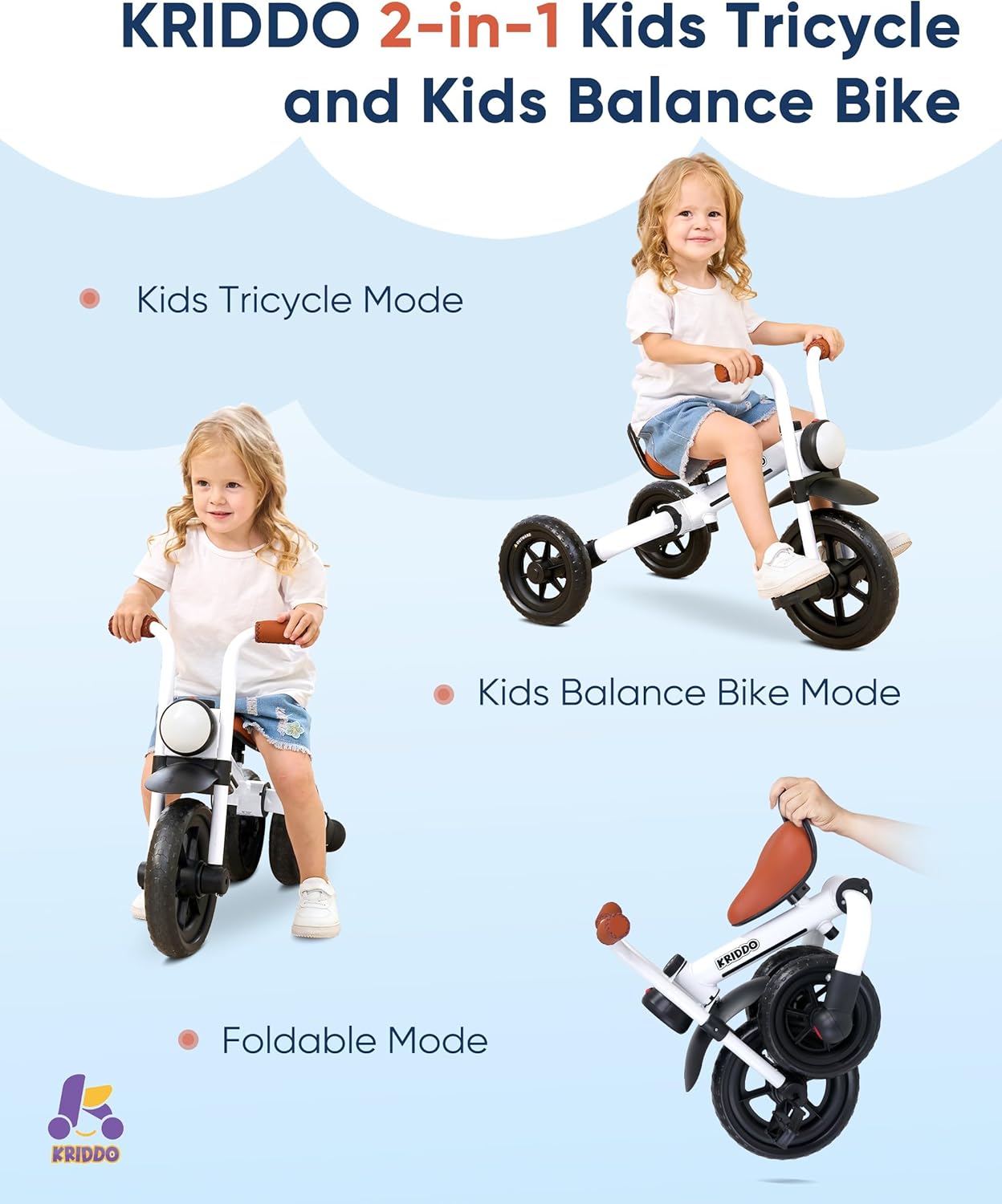 Detalle 2 de KRIDDO 2-in-1 Kids Balance Bike and Tricycle (2 to 5 Years) with Detachable Pedals and Front Light