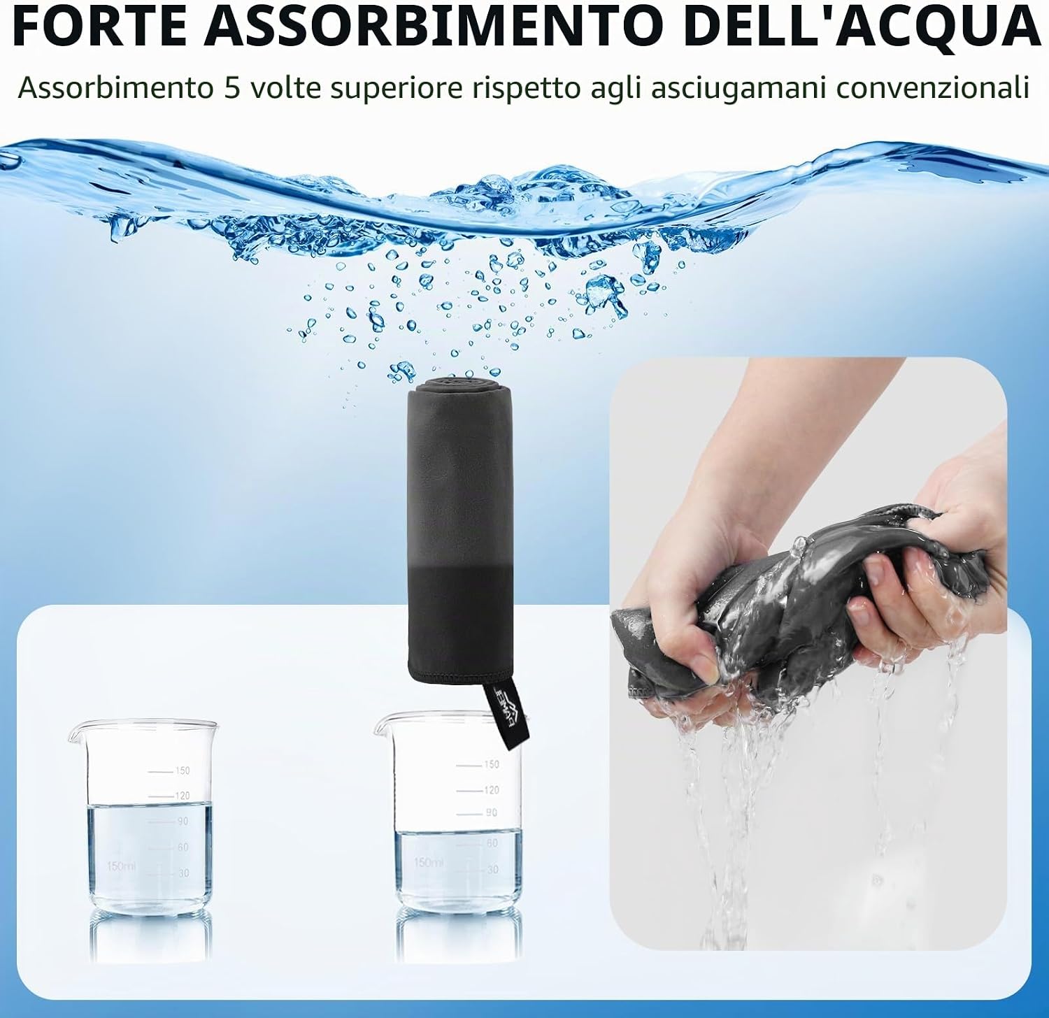 Detalle de Pameil Set di 3 asciugamani in microfibra: 160x80 cm + 2x 80x40 cm, asciugamani da viaggio ad asciugatura rapida