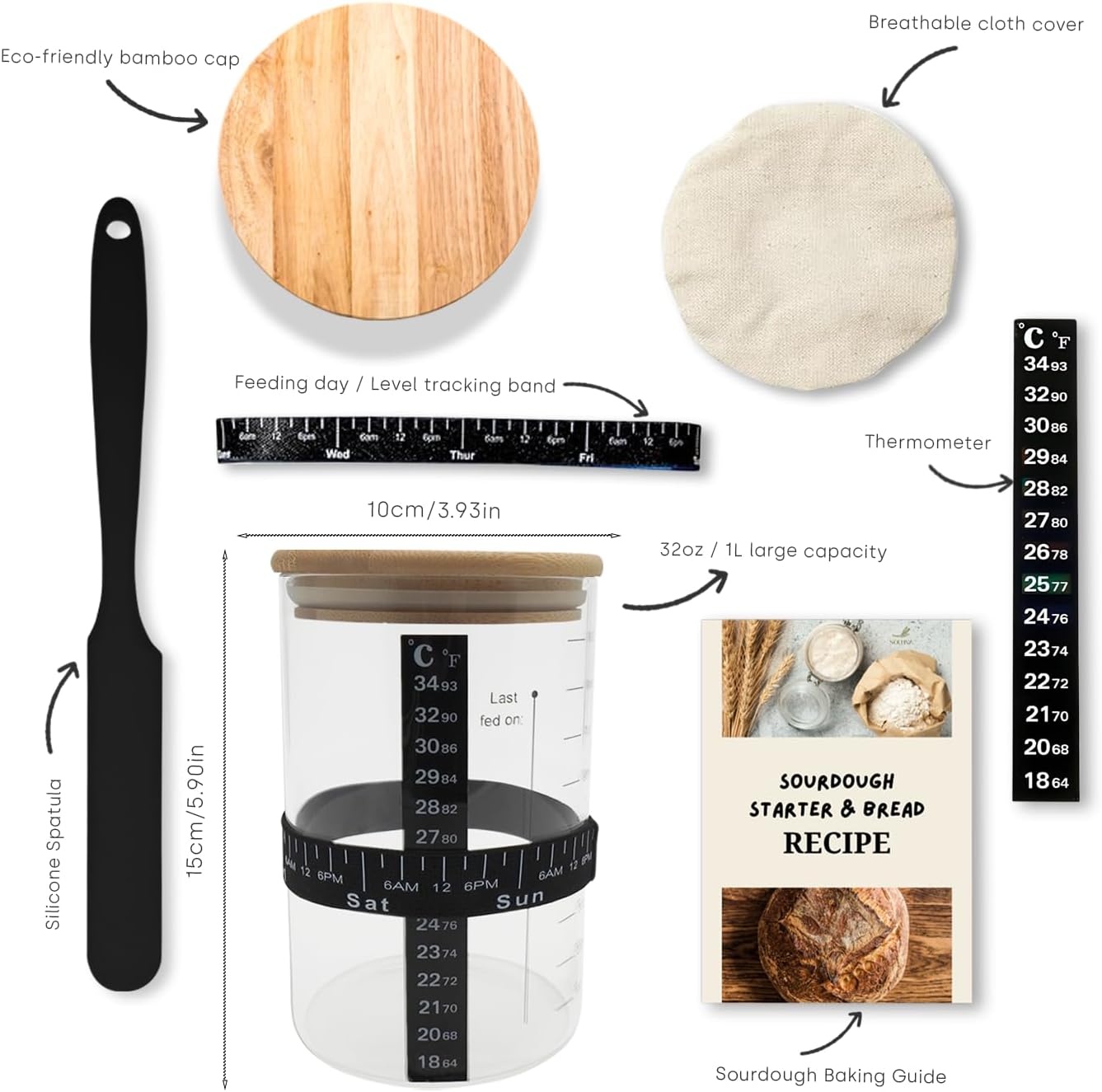 Detalle 2 de SoLuna.® Sourdough Starter Jar Kit 1 Litre – Premium Borosilicate Glass Jar with Feeding Band, Thermometer, Spatula and Accessories