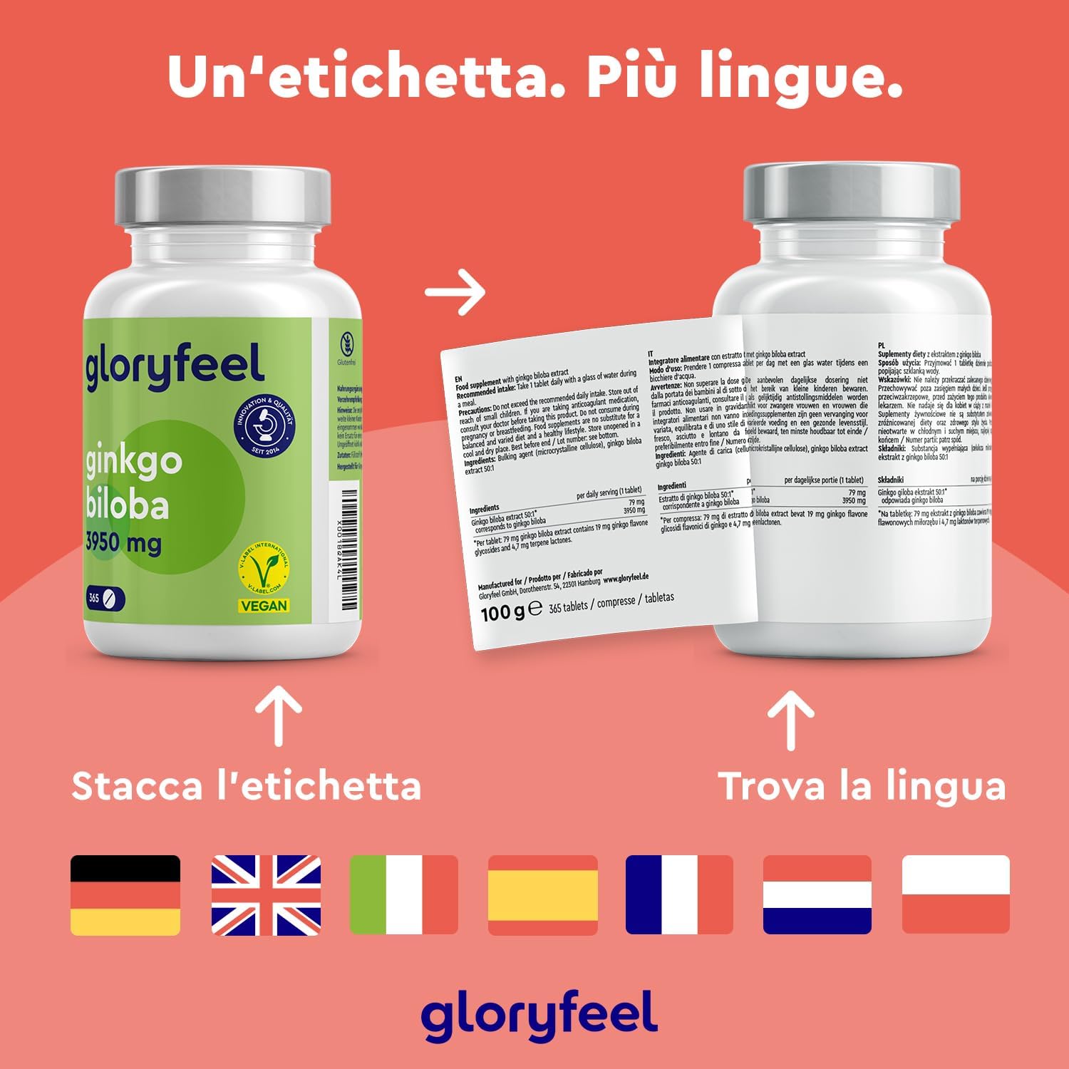 Detalle 1 de Ginkgo Biloba Estratto 50:1 24% flavonoglicosidi + 6% terpenlattoni, 365 compresse vegane