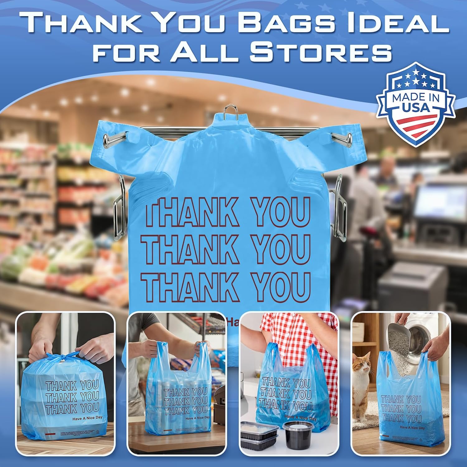Detalle de Fuxury FU#3062 Thank You T-Shirt Bags, Blue Plastic, 1,000 Count
