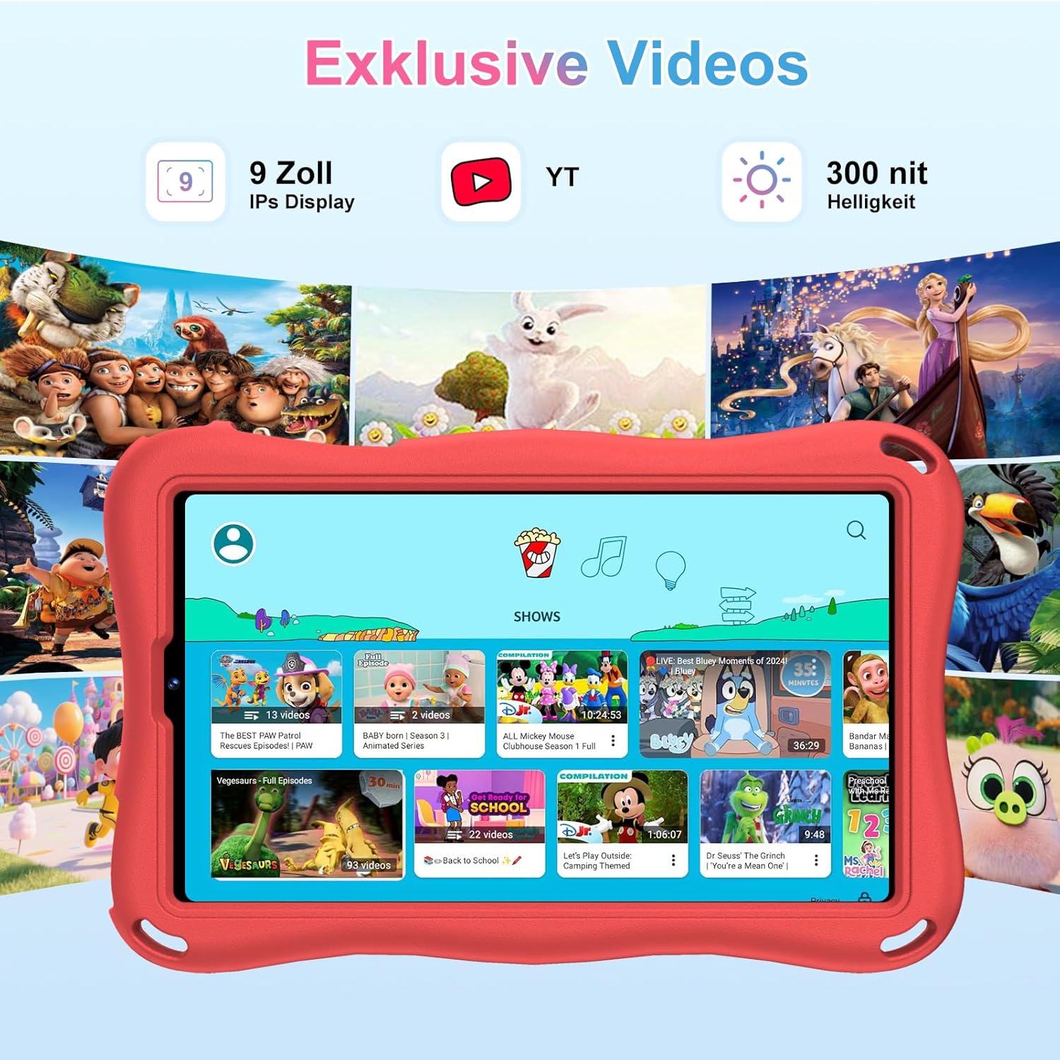 Detalle de SUAAT Kinder Tablet 9 Zoll – Android 15, Octa-Core, 12/30GB Speicher, TF bis 2TB, 5G WLAN, Face ID, Kindersicherung, EVA Case Rot