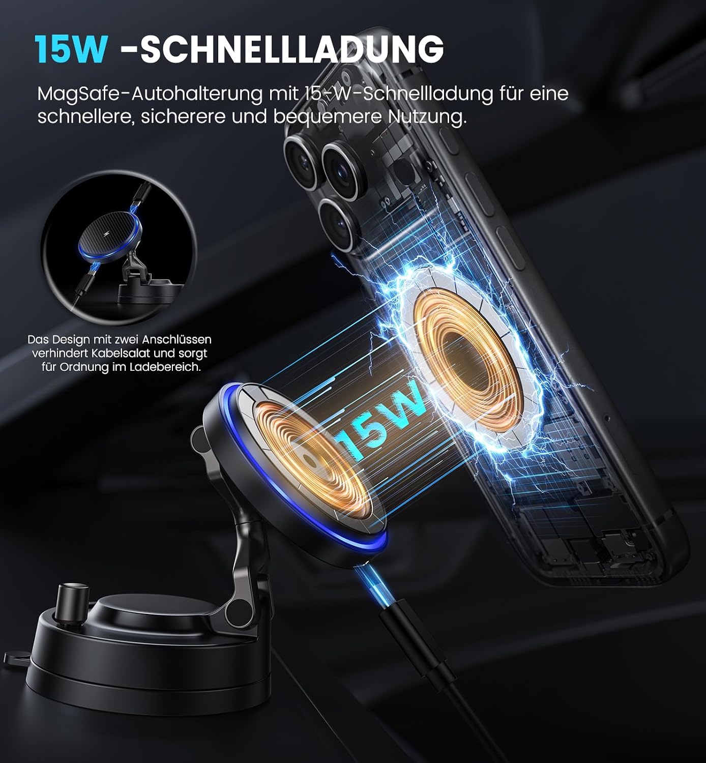 Detalle de OANDYS MagSafe Car Mount Charger 15W – Fast Wireless, 360° Spin, Strong Vacuum & Magnetic Hold