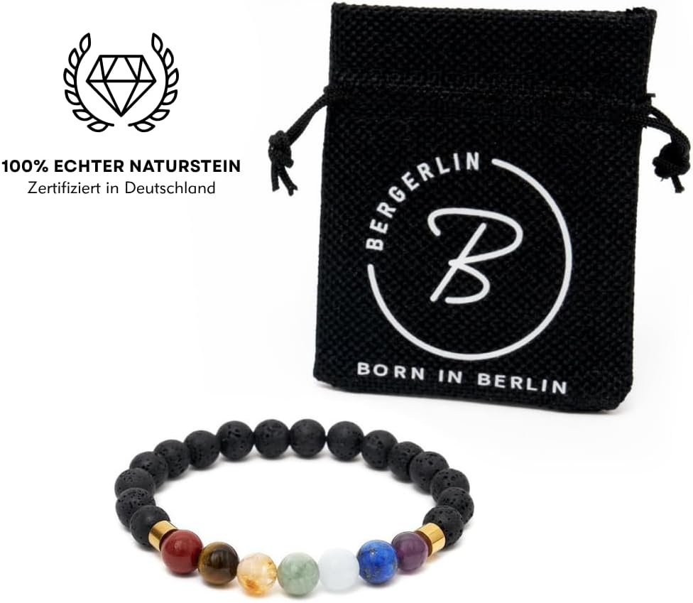 Detalle 2 de BERGERLIN 7 Chakra Armband mit Naturstein-Perlen & Lavastein – geprüft in Deutschland, mit Echtheitszertifikat