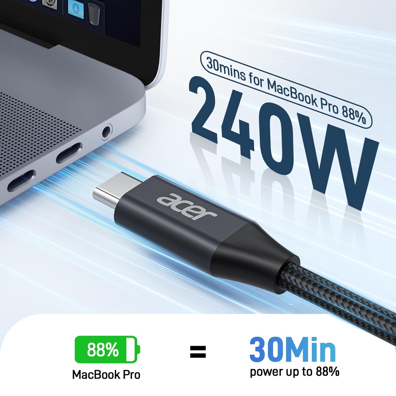 Thumbnail 1 de Acer 240W USB-C Cable — 3.3ft Nylon Braided USB-C to USB-C Charger Cord