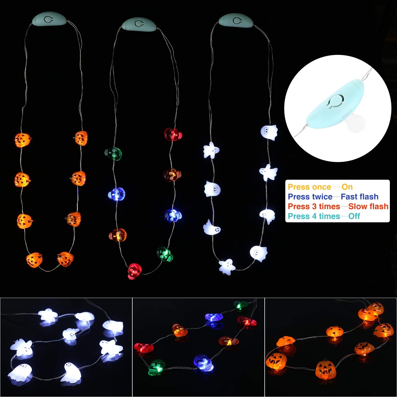 Detalle de JASHIKA LED-NE-01 Halloween Necklace Set of 3 with Color-Changing LEDs