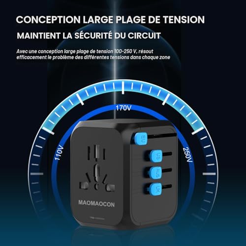 Detalle 2 de Adaptateur de Voyage Universel MAOMAOCON PD20W — 2 USB-A, 1 USB-C et Prise AC, 4 appareils en même temps