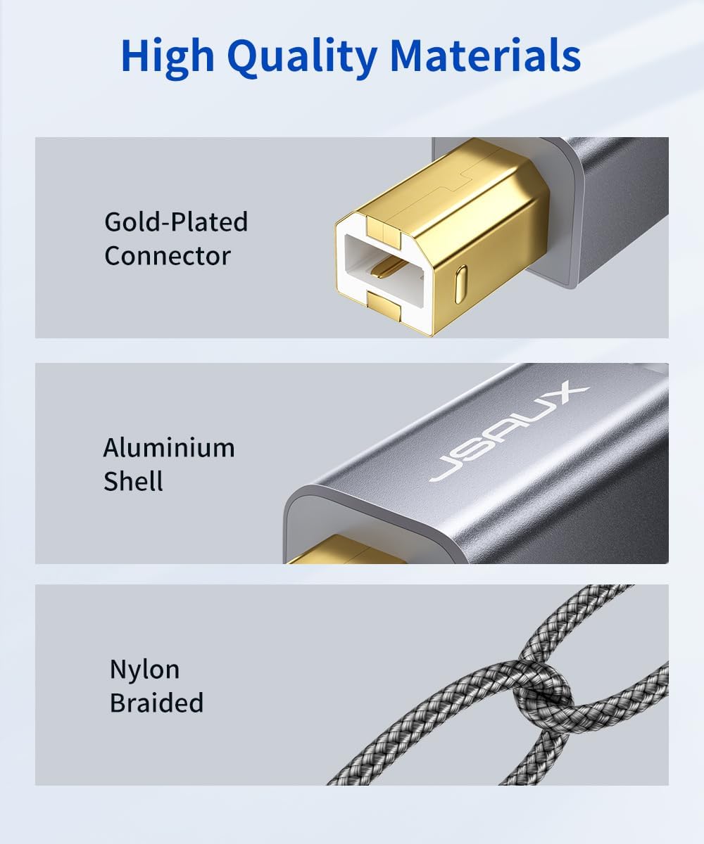 Thumbnail 3 de JSAUX Printer Cable 6.6ft USB 2.0 Type A to B (Gold-Plated, Nylon Braided)