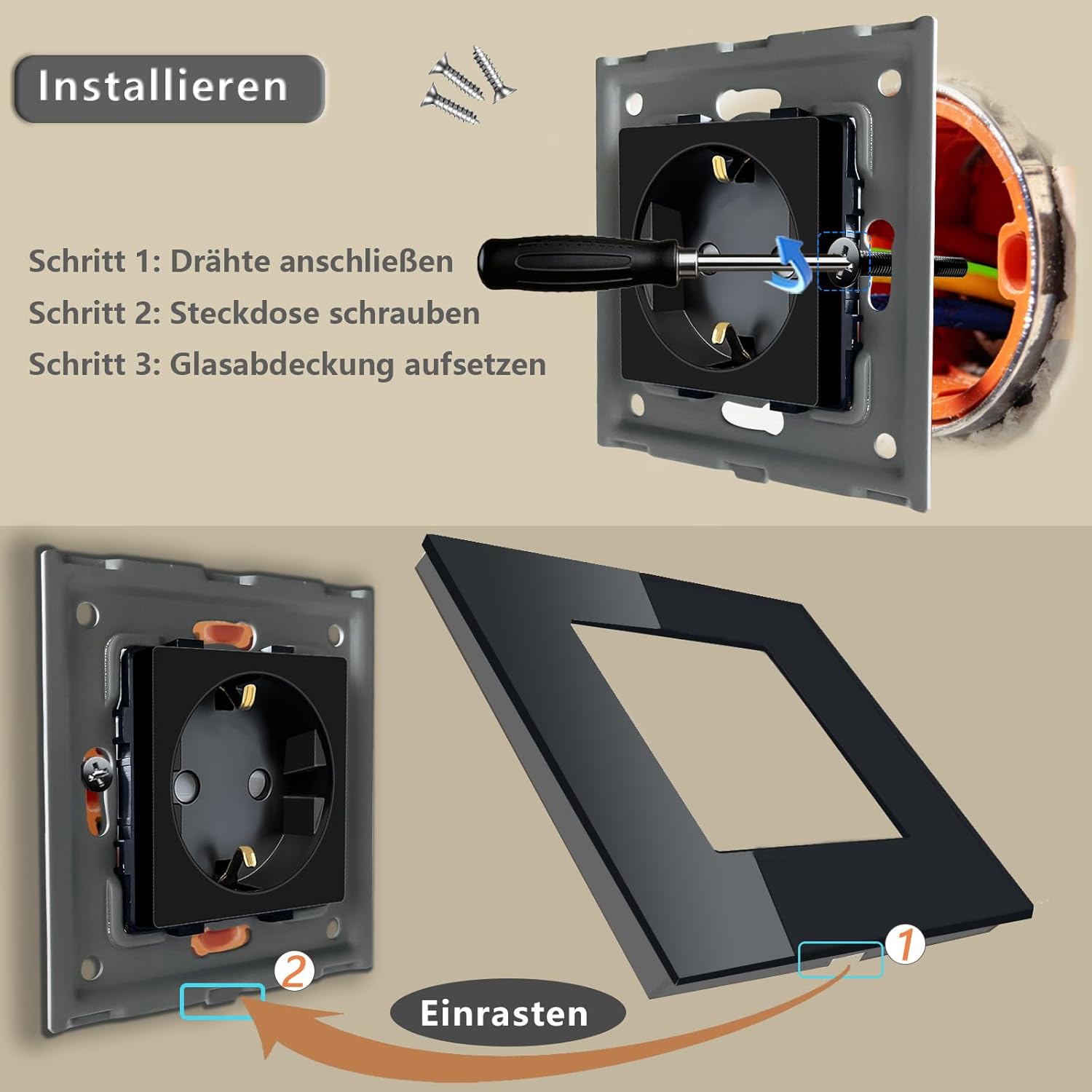 Thumbnail 2 de TAWOIA Schuko Unterputz-Steckdose 5-fach mit Kristallglasplatte (Schwarz, 86×370 mm) für 16 A / 250 V