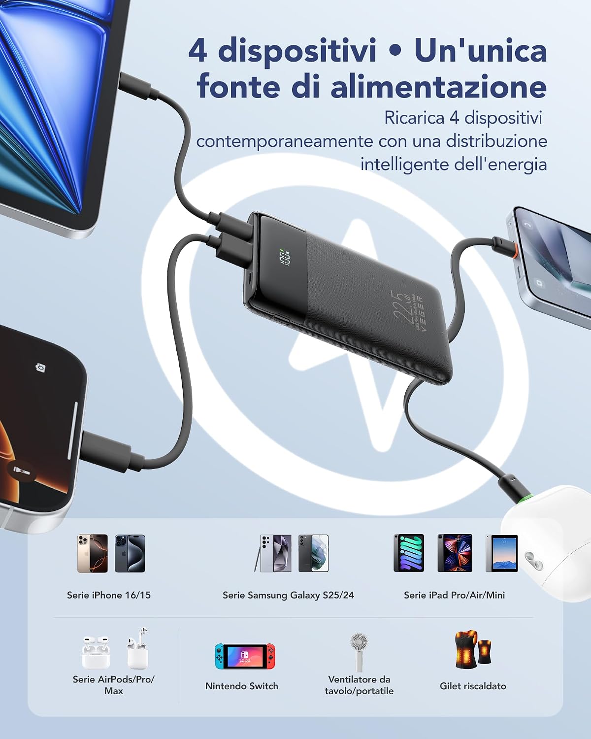 Thumbnail 4 de VEGER Power Bank 10000 mAh con cavi integrati e ricarica rapida 22,5W (4 uscite, display LED)