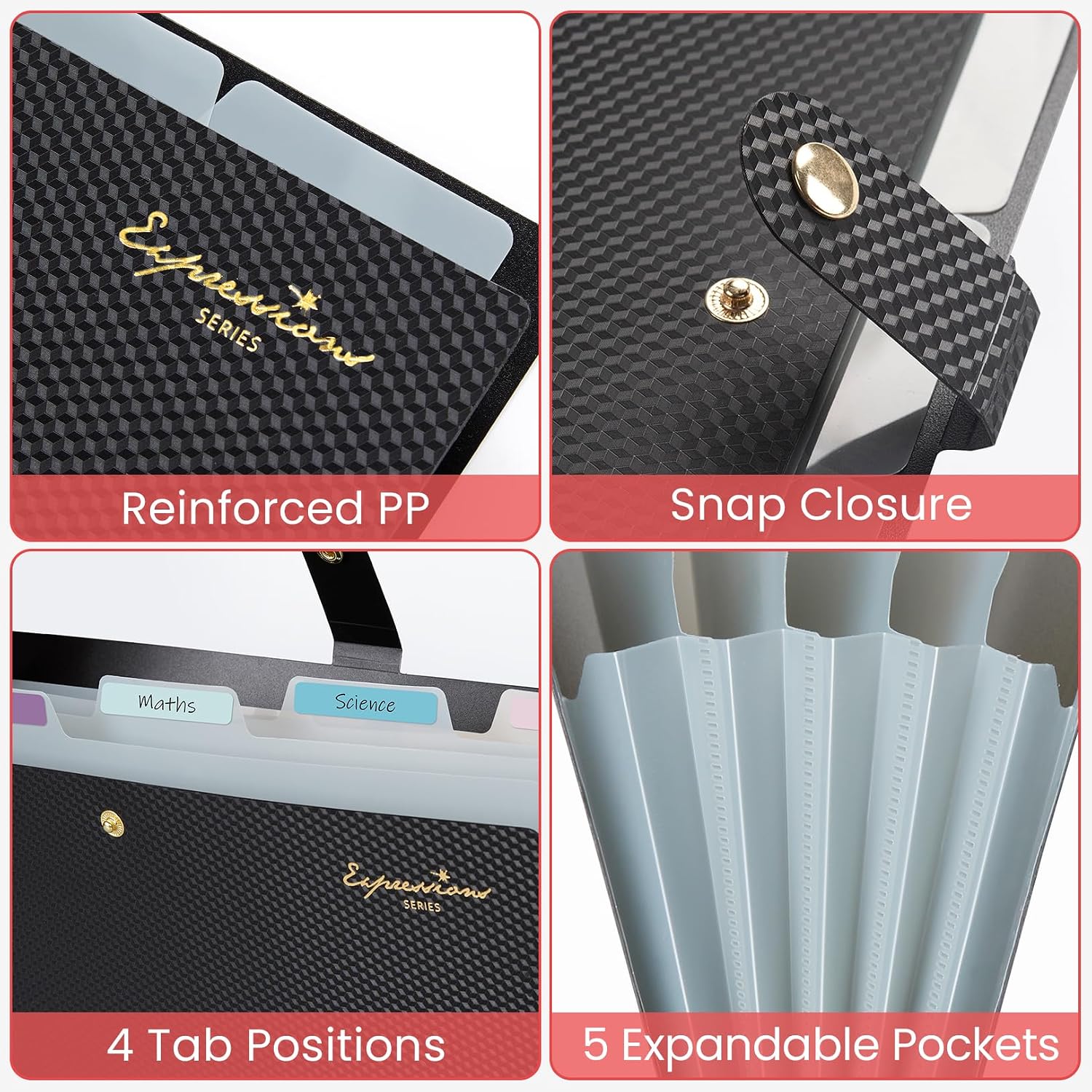 Detalle 2 de Sooez SZA0103-0302A Expanding File Folder, 5 Pockets, Black, A4/Letter
