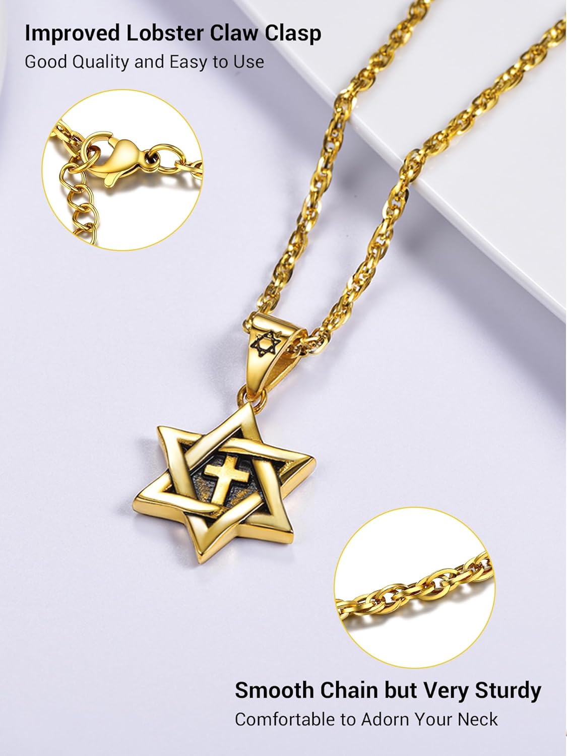 Thumbnail 3 de PROSTEEL Collier homme Magen David en acier inoxydable 316L plaqué or 18 carats, pendentif étoile de David