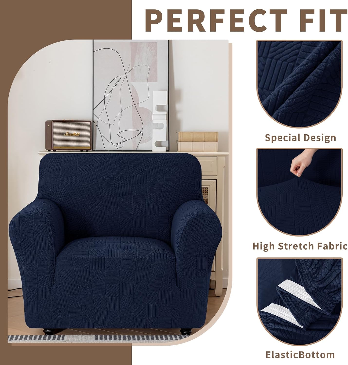 Detalle de Ystyle housse de canapé extensible 4 places (231–279 cm) avec accoudoirs, bleu foncé, antidérapante et lavable