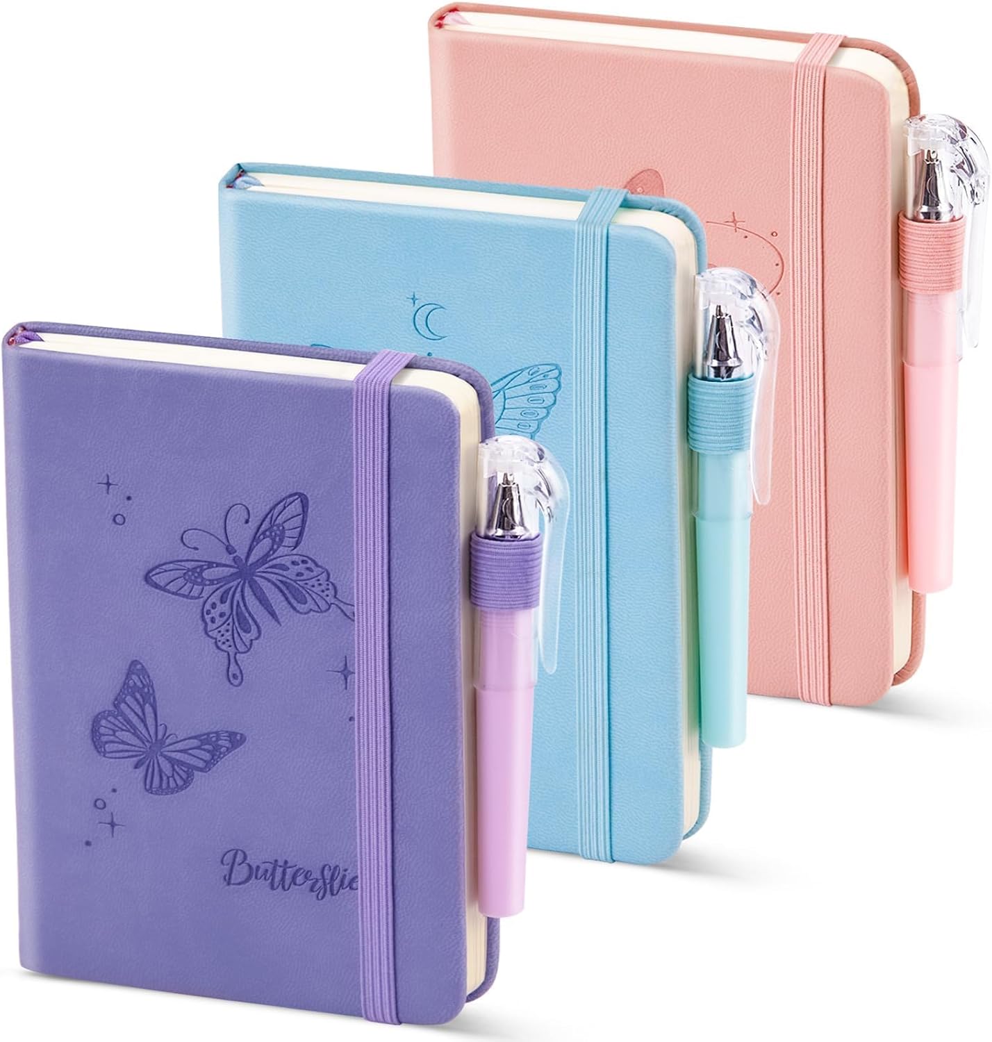 Detalle de Oucaru A6 Pocket Notebooks, 3-Pack with Butterfly Covers, Lined Pages and Pens