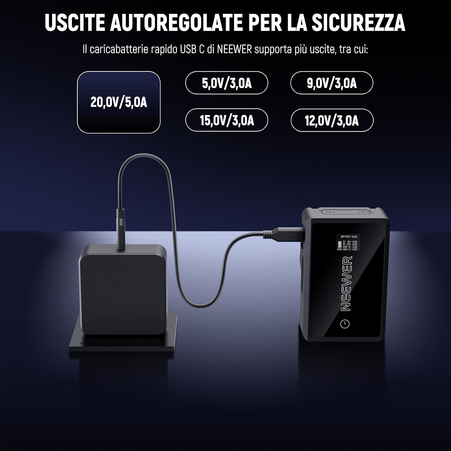 Thumbnail 6 de NEEWER caricabatterie GaN USB-C PD 100W da muro con cavo USB-C per batterie V-mount e dispositivi