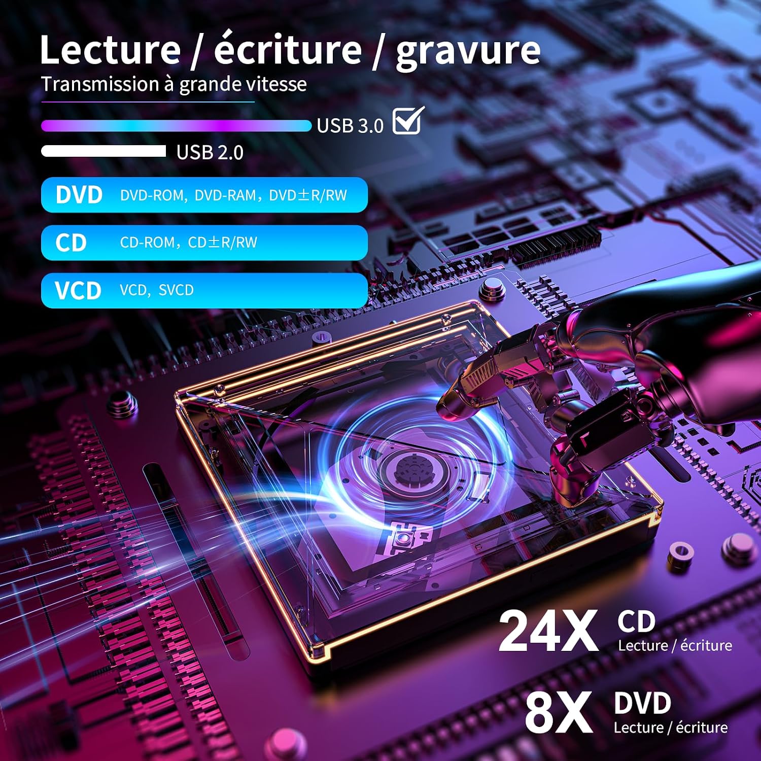 Detalle de Lecteur CD/DVD Externe USB 3.0 / USB-C avec RGB – Graveur Portable
