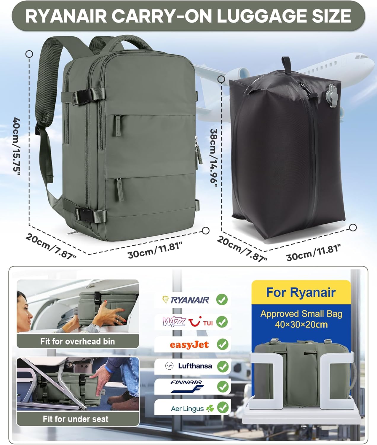 Detalle de BJLFS Vakuum Rucksack mit Pumpe – Handgepäck 40x30x20 cm für Ryanair/Wizzair