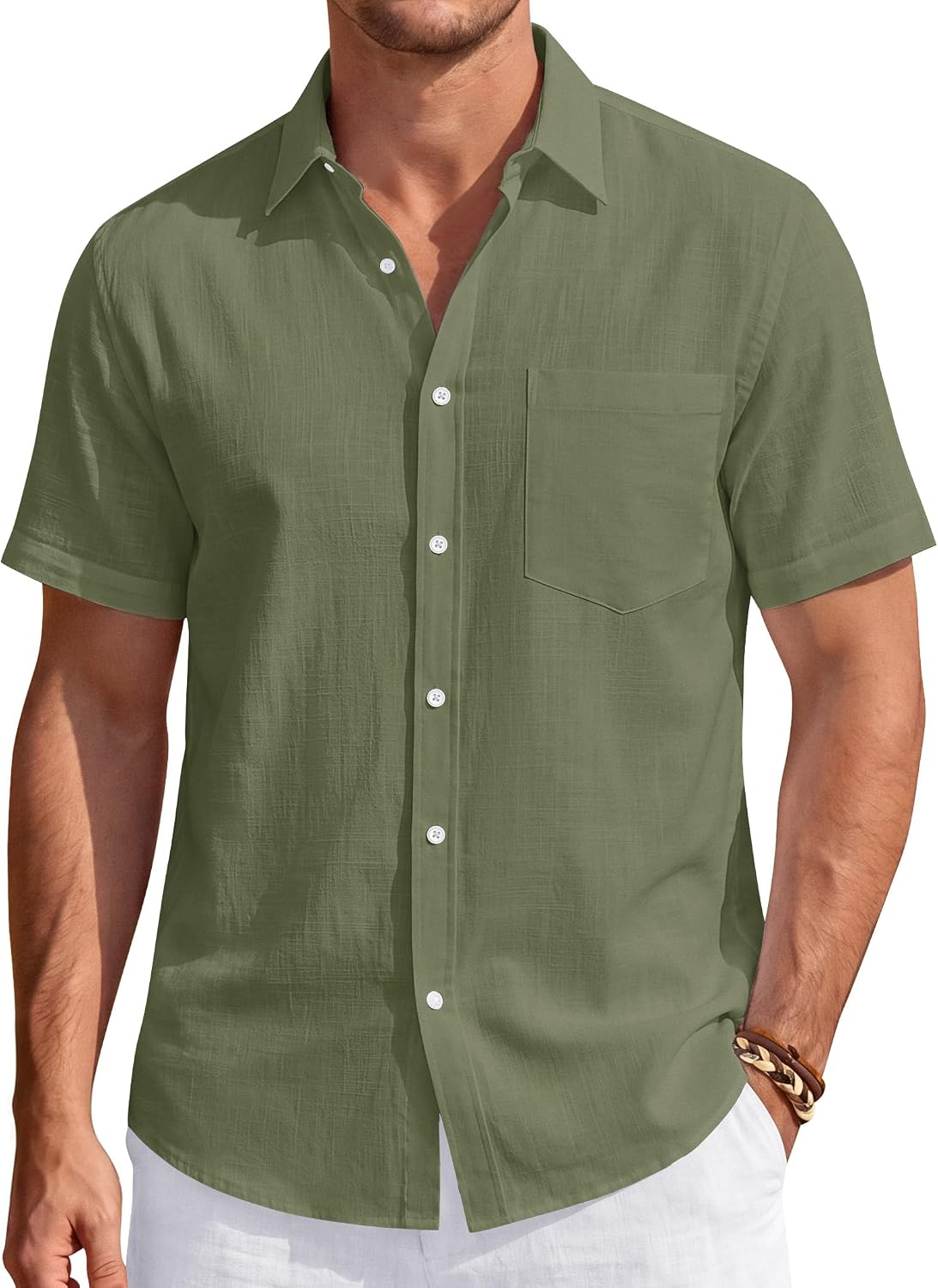 Thumbnail 6 de J.VER Men's Linen Short Sleeve Shirt with Chest Pocket – Lightweight Cotton Casual Button-Down