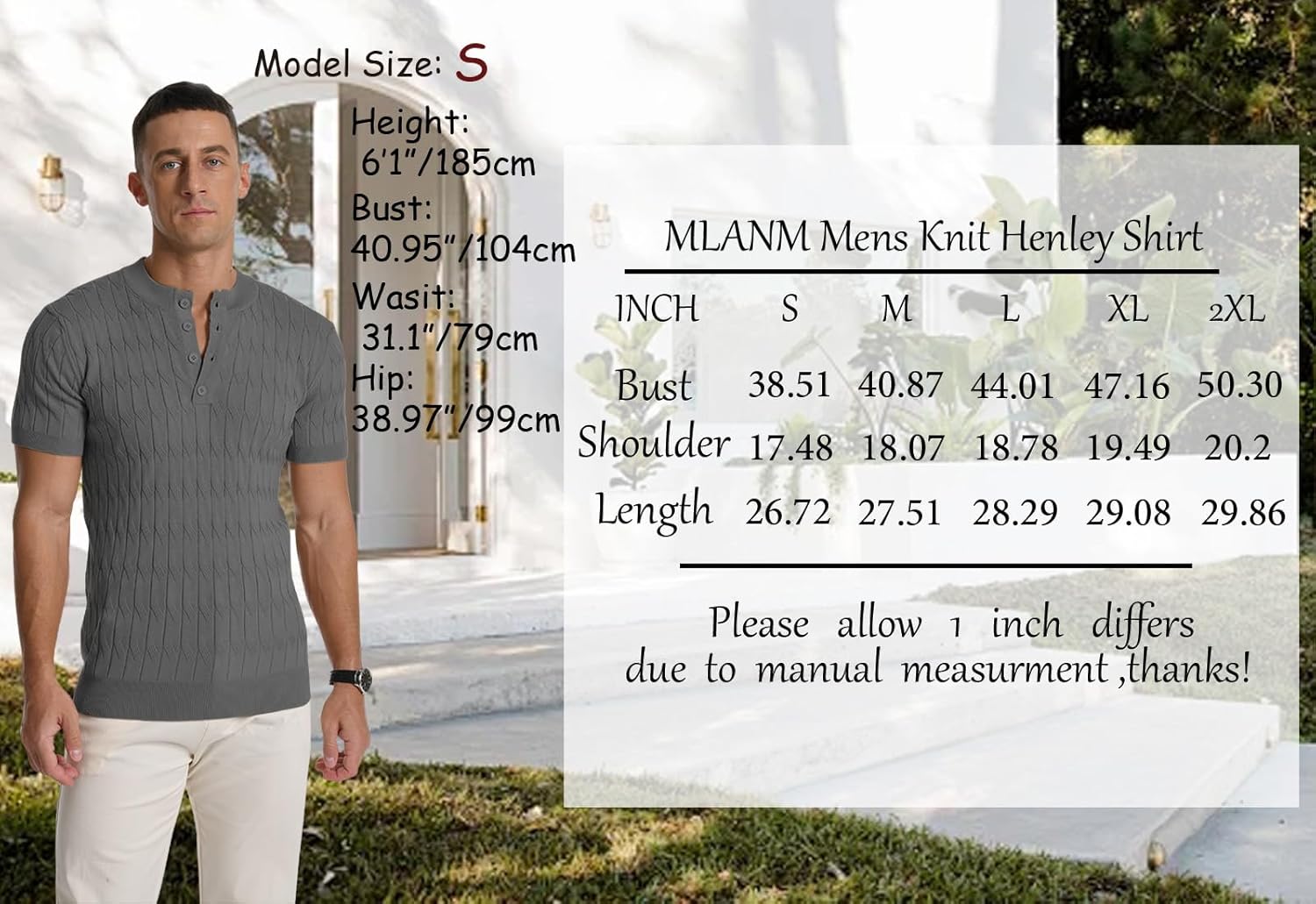 Thumbnail 5 de MLANM Men's Knitted Henley T-Shirt Polo - Short Sleeve, Slim Fit, Summer Knit