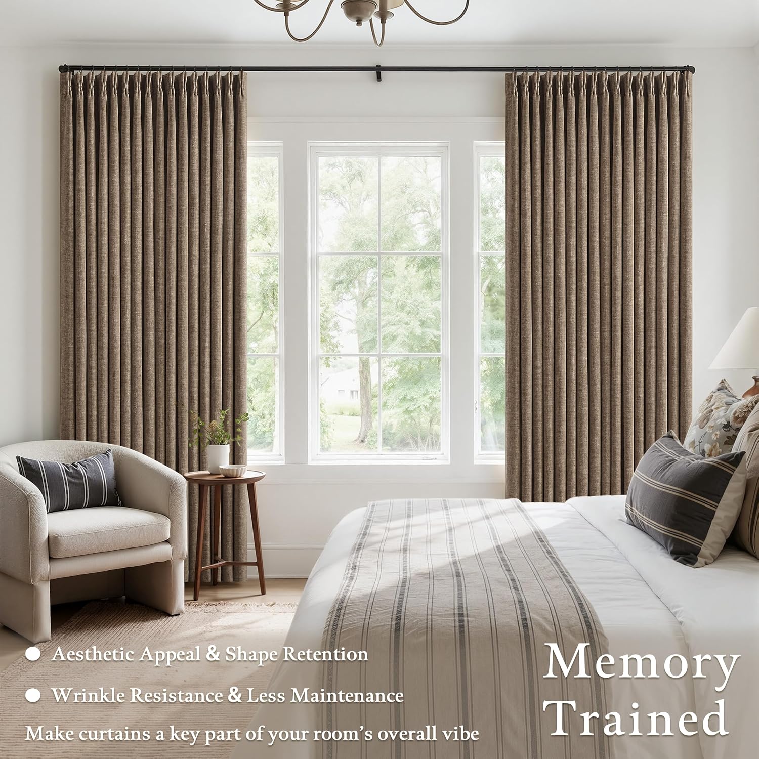Detalle 2 de Dark Flax Pinch Pleated 100% Blackout Linen Curtains – 50x84 Inches, Double Layer
