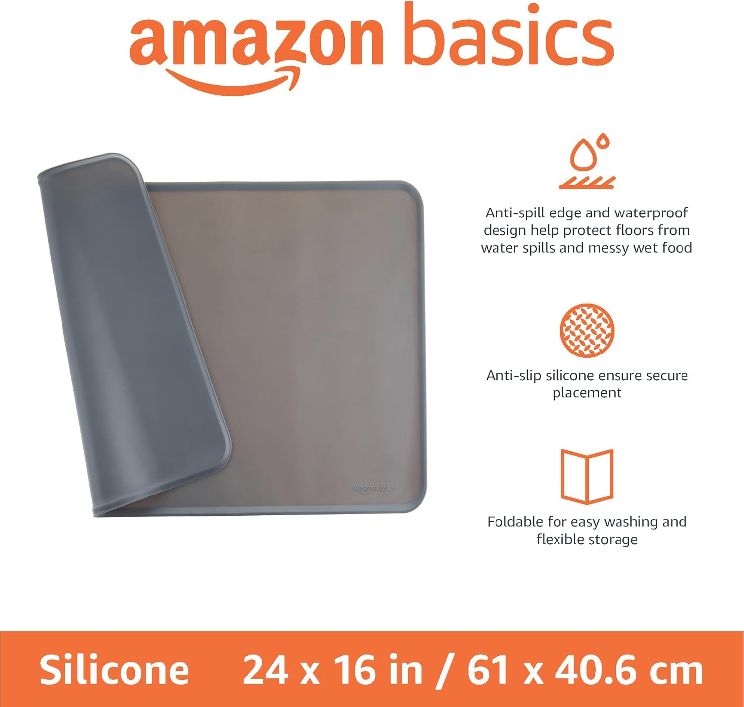 Detalle de Amazon Basics Silicone Non-Slip Waterproof Pet Placemat (24 x 16 inches, Gray)