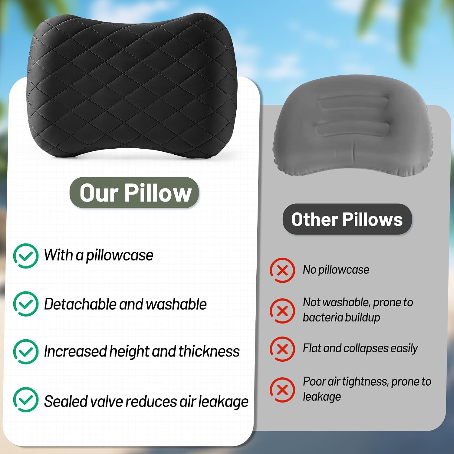 Detalle 2 de KUOGAS C0106-0135 opblaasbaar kussen voor reizen en camping, zwart