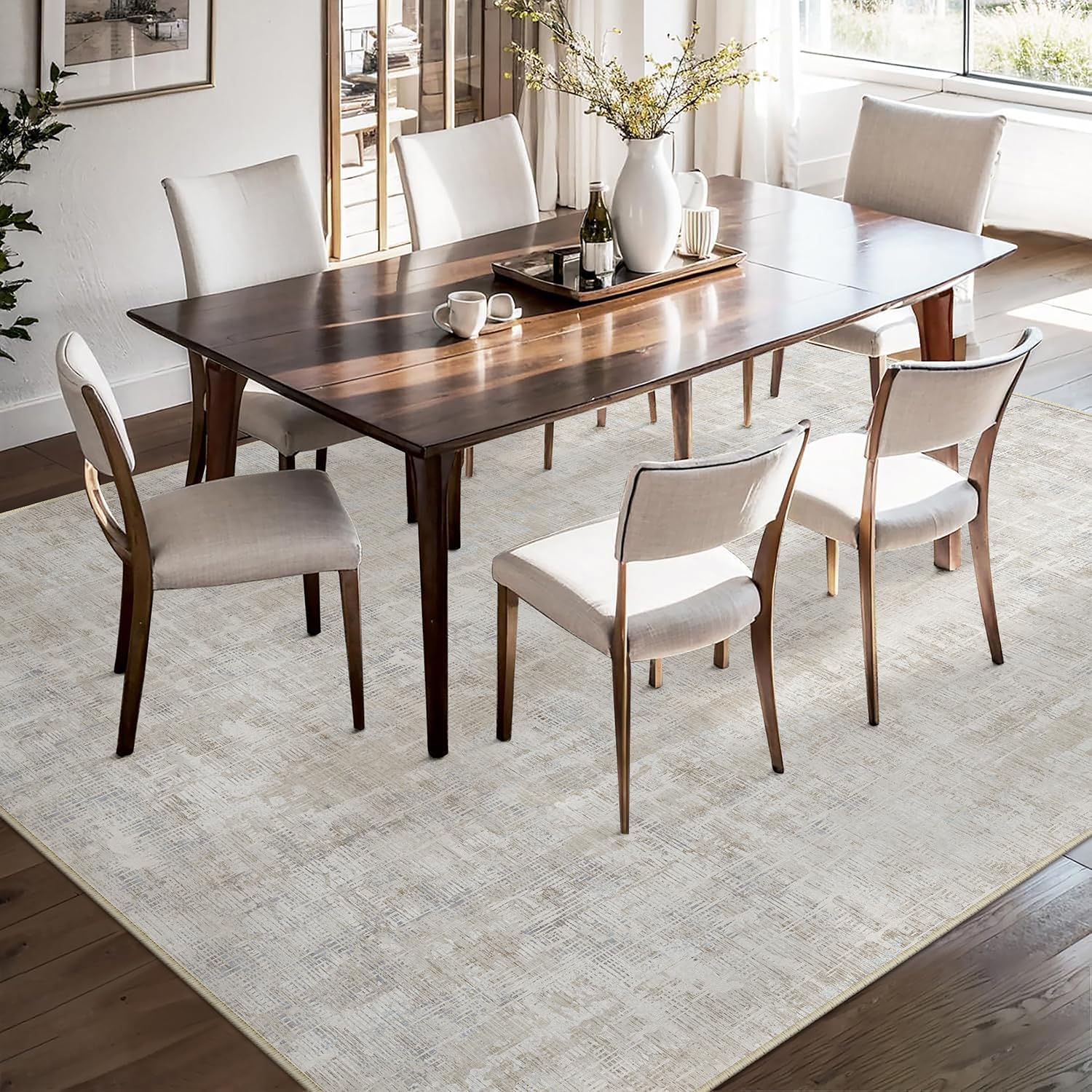Detalle de PureCozy Beige-Grau Teppich für Wohnzimmer, 160x230 – kurzflorig, waschbar und rutschfest