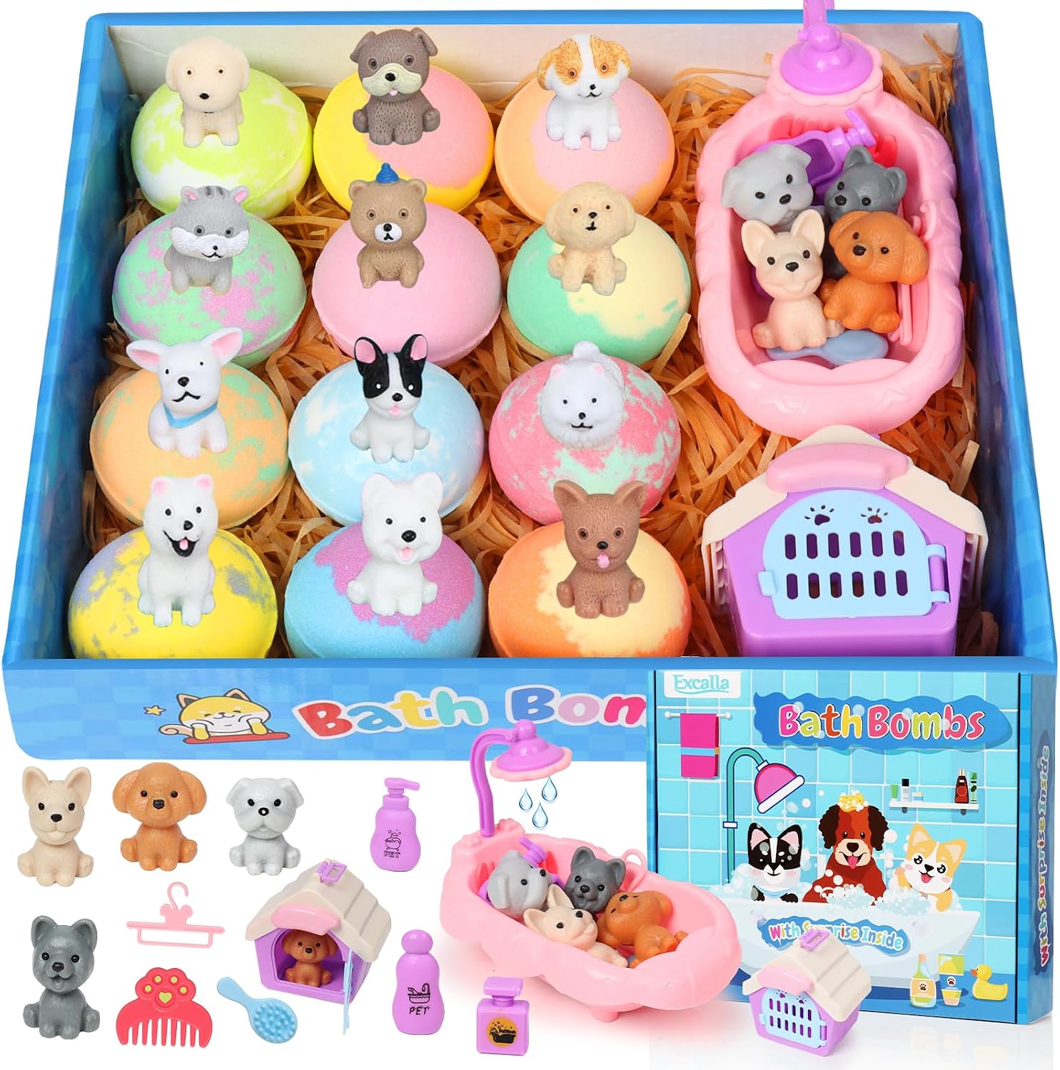 Detalle de Bath Bombs for Kids with Toys Inside: 12-Pack Bubble Bath Fizzies with Surprise Dog Playset