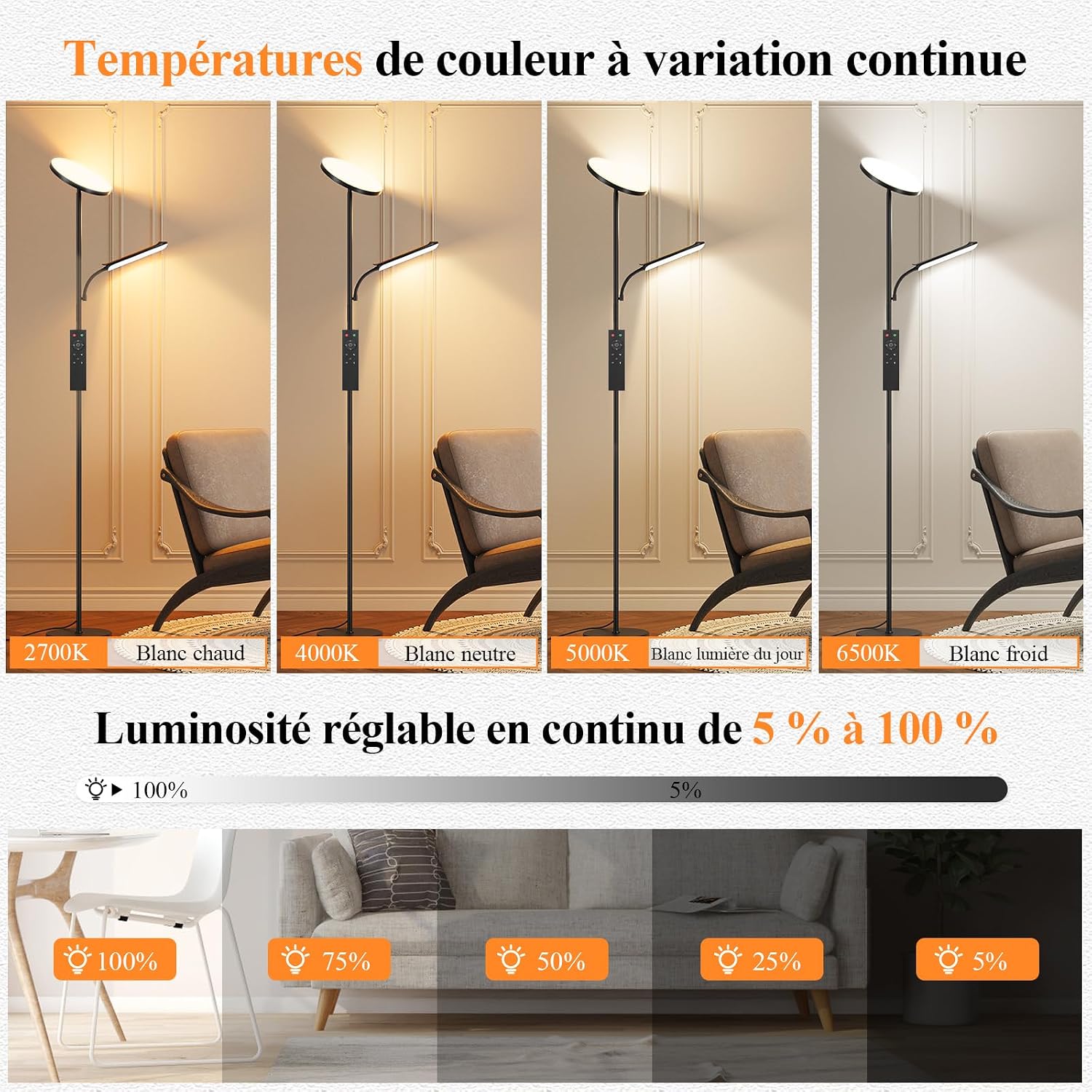 Detalle 2 de Lampadaire LED Dimmable 42W avec Liseuse et Télécommande Magnétique – éclairage polyvalent pour salon et chambre