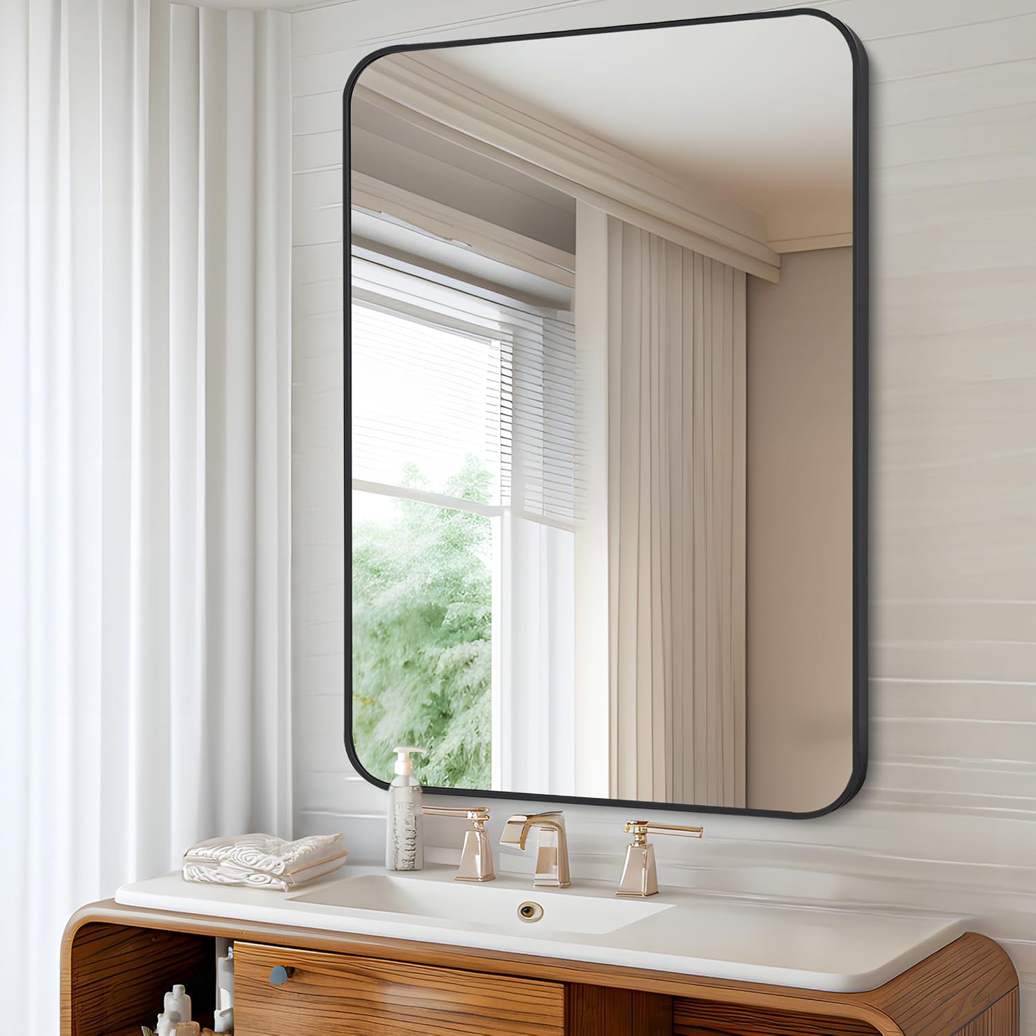 Detalle de COFENY 24 x 36 in Black Framed Bathroom Mirror, Rounded Corners