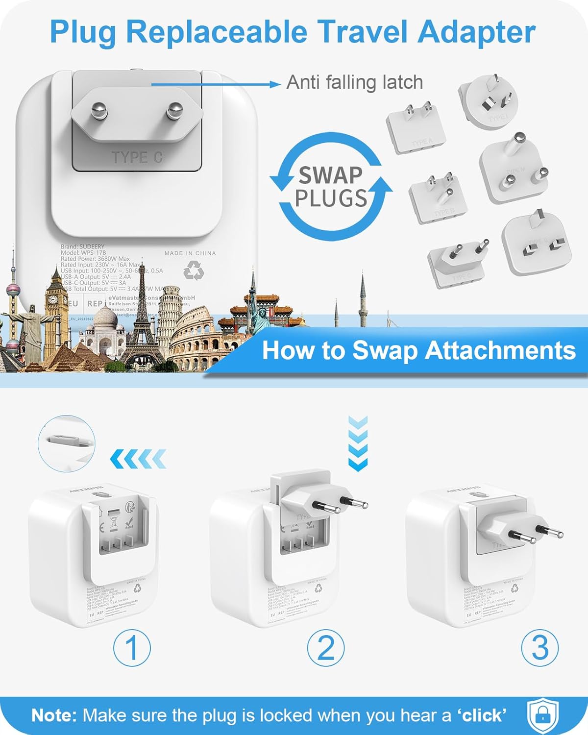 Thumbnail 4 de Universal Reiseadapter 6‑in‑1 mit 2 USB‑A & 2 USB‑C 🌍