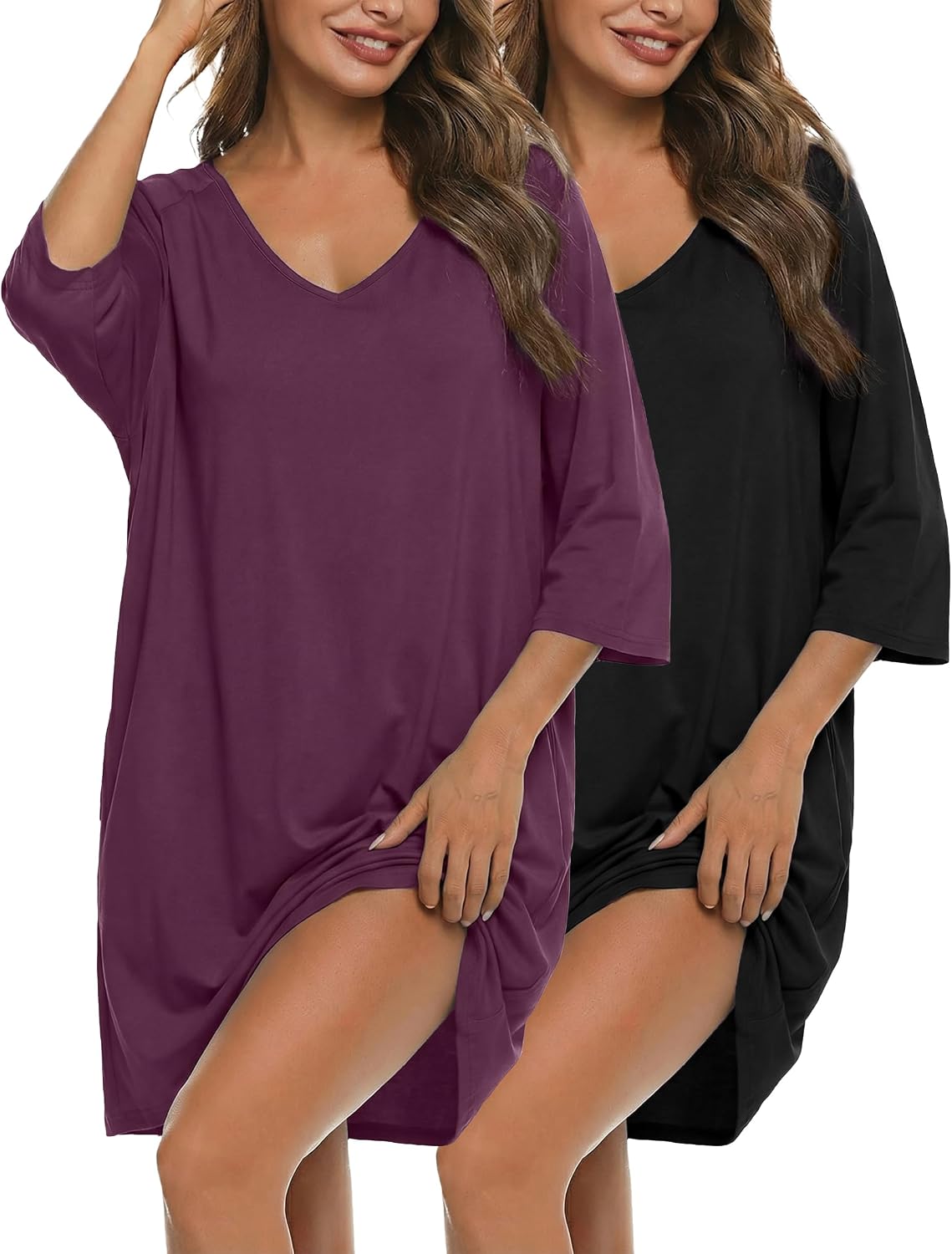 Bresdk Chemise de Nuit Femme en Coton Oversize avec Poches – Col en V, Manches 3/4, Grande Taille S à 4XL