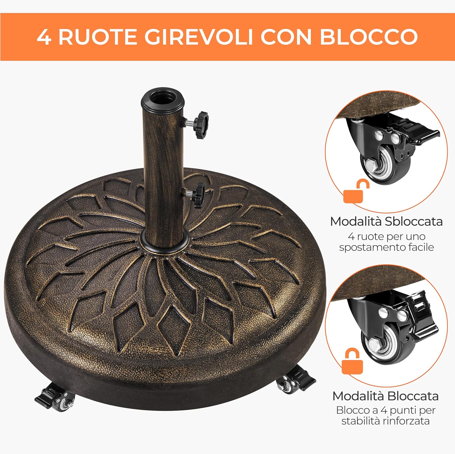 Thumbnail 5 de Yaheetech base per ombrellone da giardino da 20,6 kg con 4 ruote e freni per pali Ø34/38/48 mm (bronzo)