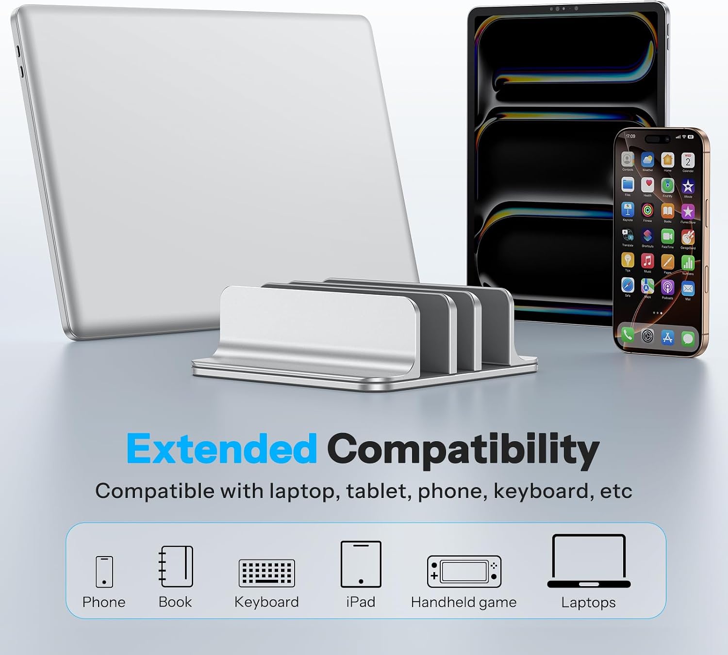 Detalle 2 de OMOTON VL03-Silver 3-Slot Vertical Laptop Stand, Adjustable Aluminum, Bright Silver