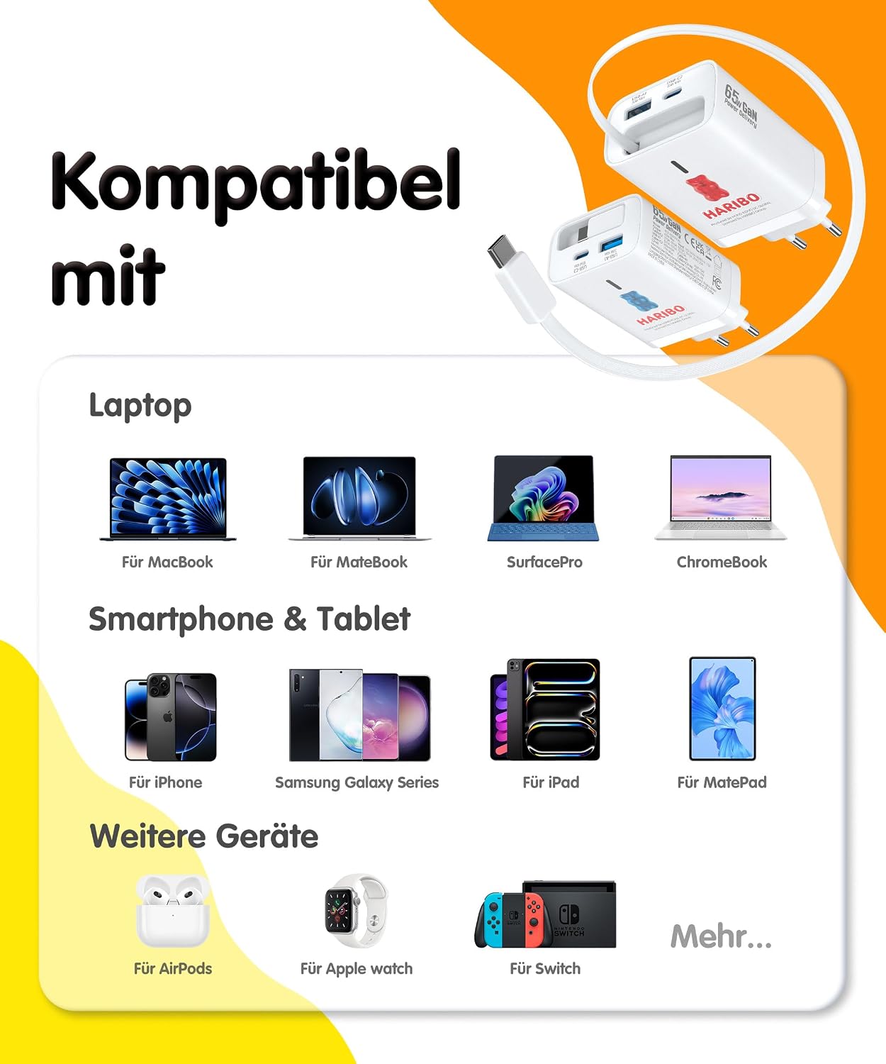 Thumbnail 6 de HARIBO 65W USB-C Ladegerät mit 85 cm Einziehbarem Kabel – 3-Port GaN Netzteil PD QC PPS