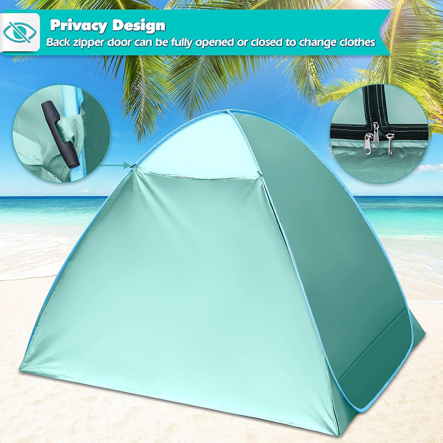 Detalle de Pop up Strandmuschel 2–3 Personen – UV Schutz UPF 50+ mit Privatsphäre, kompakt & tragbar