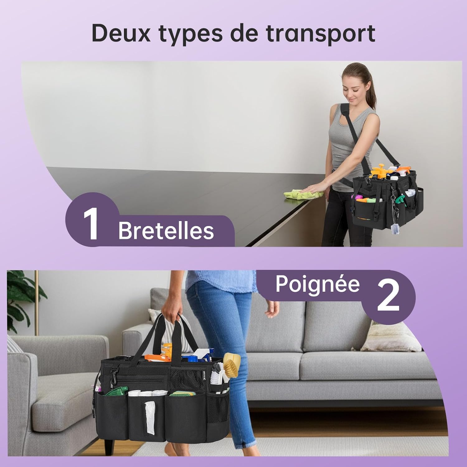 Detalle de OUUTMEE Sac de Nettoyage avec Séparateurs Amovibles – Organisateur Portable 20 x 38 x 26 cm, Noir (Grande)