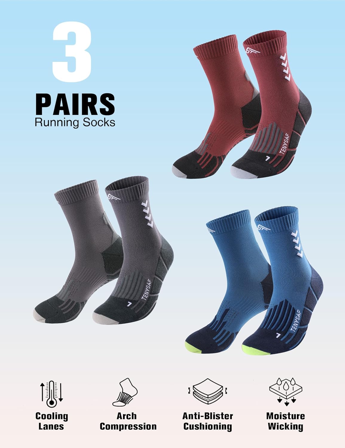 Detalle 2 de Lounwee Kompressions-Laufsocken (Crew) für Herren & Damen – gepolstert, 3er-Pack für Arbeit, Wandern & Basketball