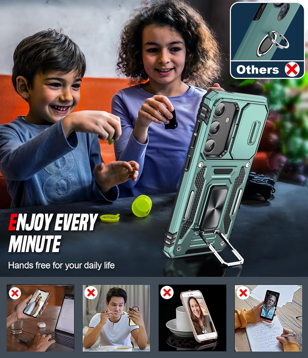 Thumbnail 6 de LeYi Galaxy S25 phone case with sliding camera lens cover and ring stand holder (light green)