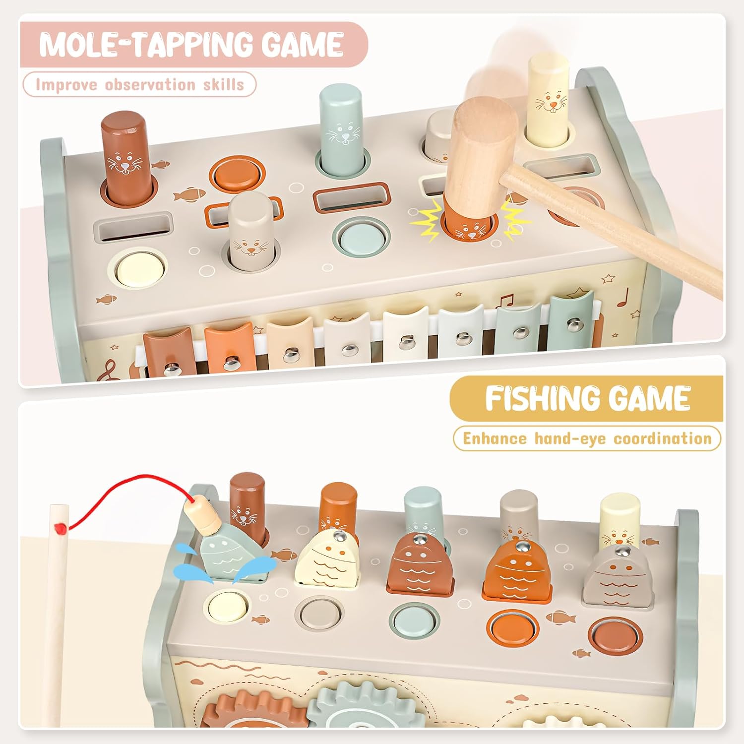 Thumbnail 1 de Joyreal Wooden Montessori Toys for 1 Year Old – Hammering Pounding Bench, Xylophone & Fishing Game