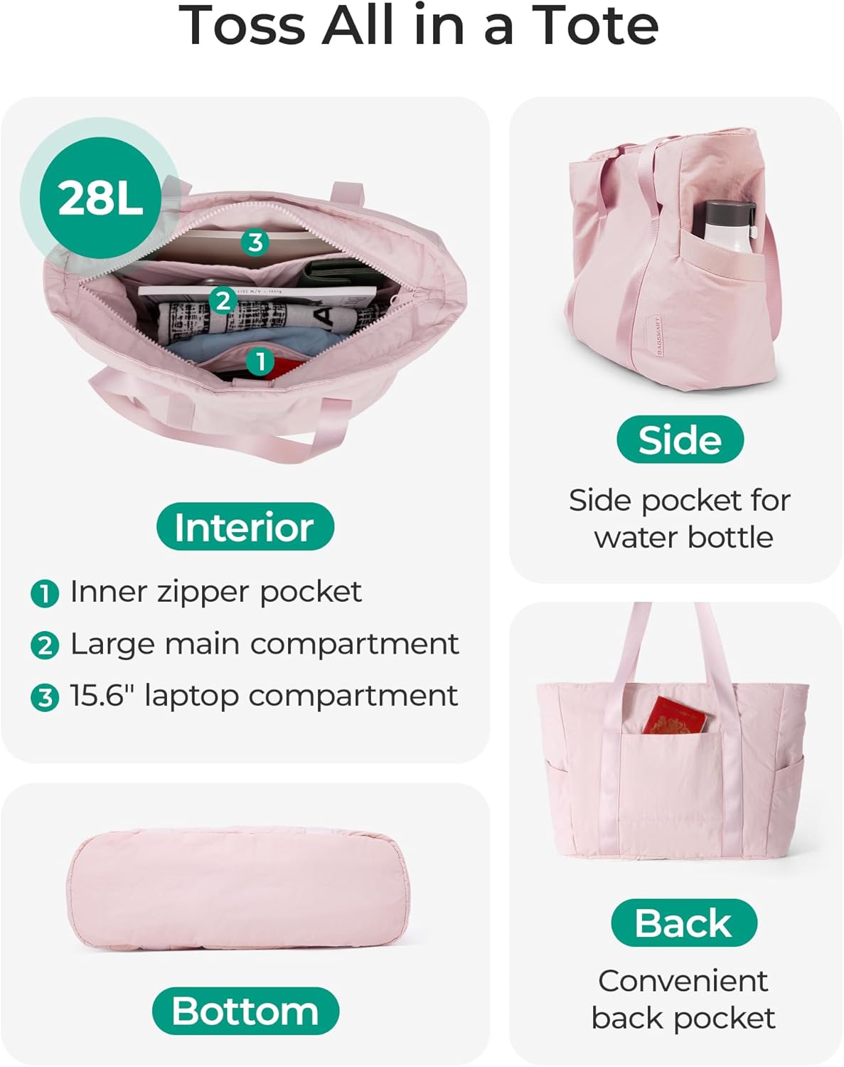 Detalle de BAGSAMRT Tote Bag for Women with Zipper & Yoga Mat Buckle (Large) – work, travel and gym