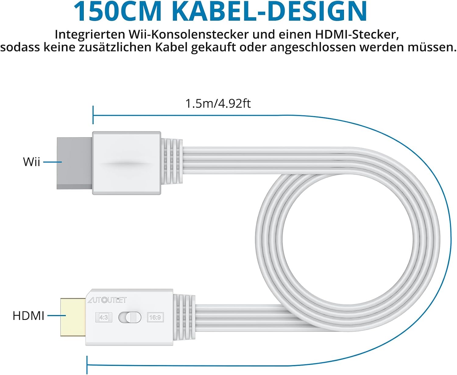 Detalle 2 de AUTOUTLET Wii HDMI Adapter: 1080p/60Hz direkter HDMI-Ausgang aus der Wii – 4:3/16:9 Konvertierung, Plug & Play